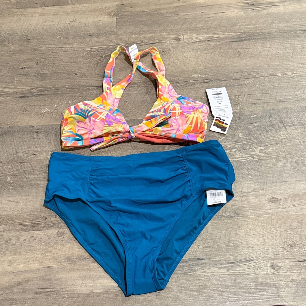 Time and Tru Tropical Floral Bikini Top with Blue Bottom